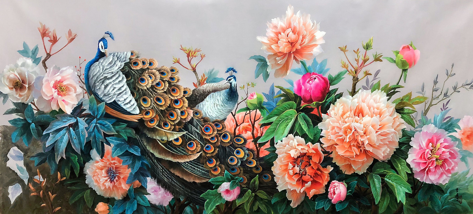 《孔雀牡丹》100x220cm 布面油画